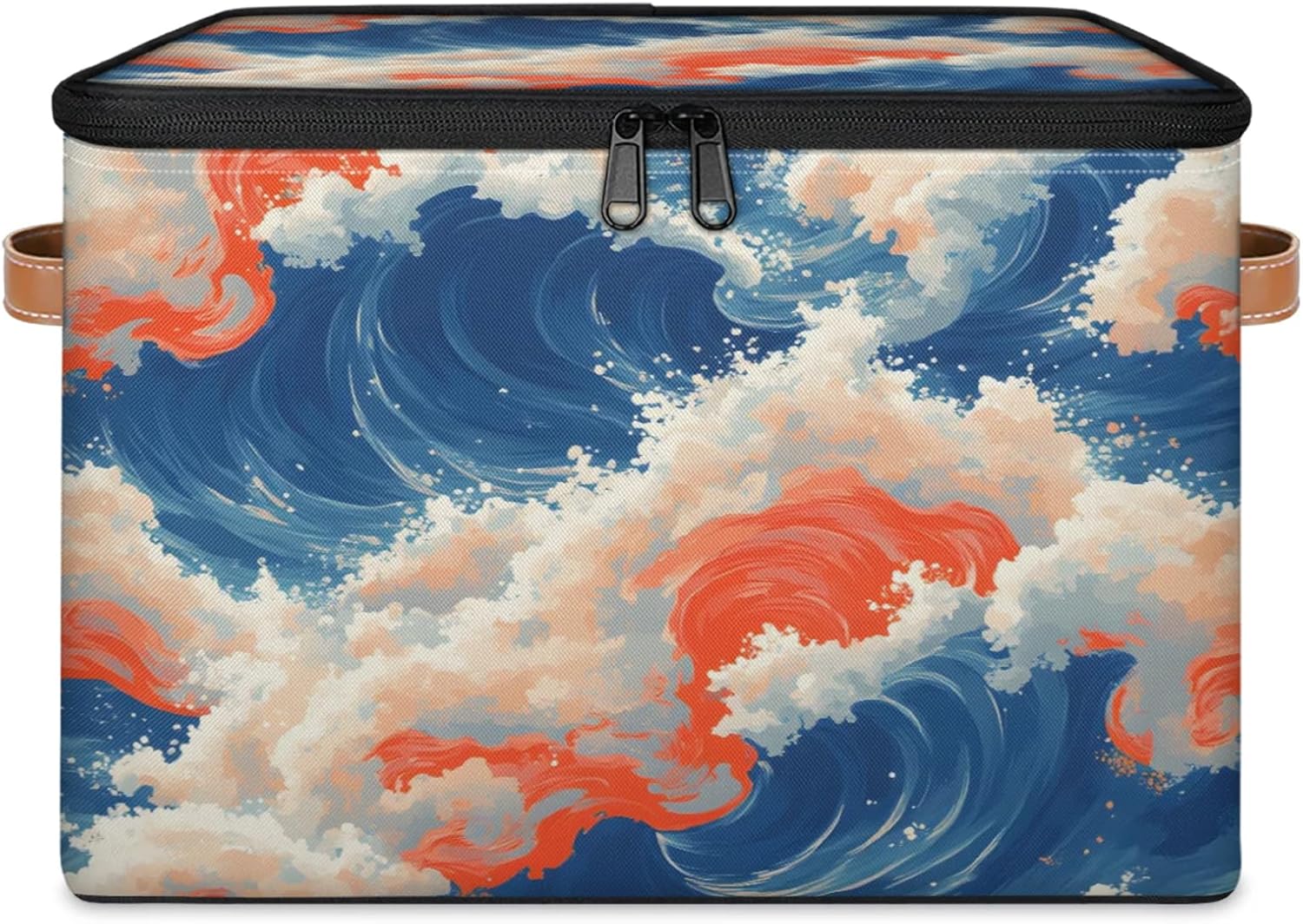 Ocean Wave Print Storage Box — Fabric Organizer Bin with Zipper Lid & Side Handles, Foldable Large Capacity