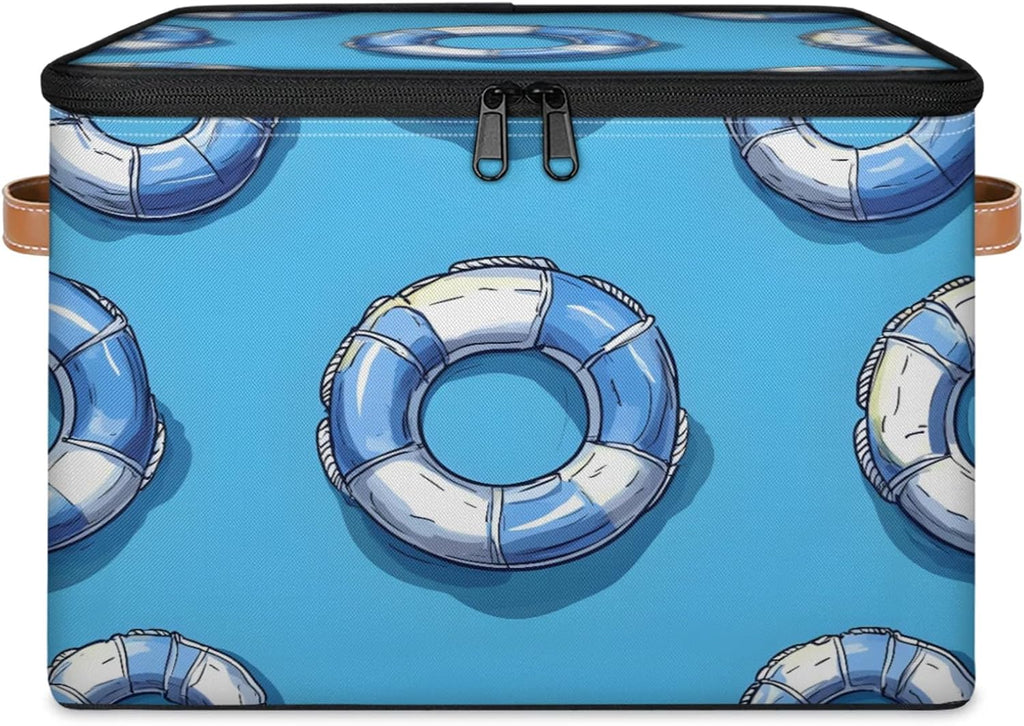 Blue Lifebuoy Storage Box | Foldable Fabric Organizer with Zipper Lid and Handles | Large Capacity Clothes, Toys, Towels, and Book Bin