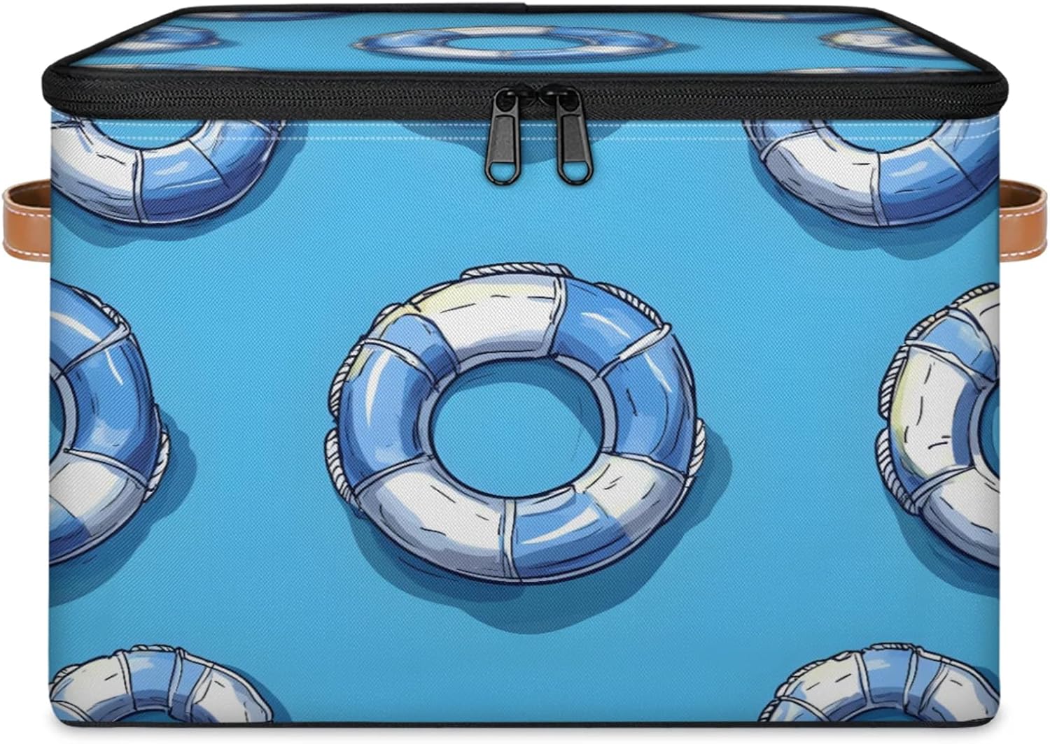 Blue Lifebuoy Storage Box | Foldable Fabric Organizer with Zipper Lid and Handles | Large Capacity Clothes, Toys, Towels, and Book Bin