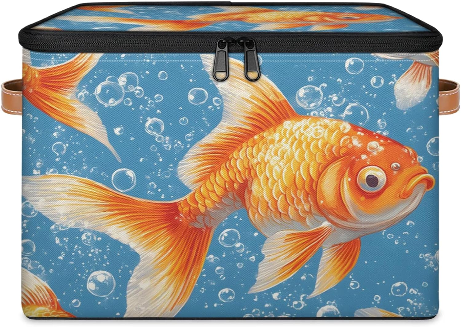 Goldfish Print Storage Box | Large Fabric Foldable Organizer Bin with Zipper Lid and Side Handles | Clothes, Toys, Towels, and Book Storage