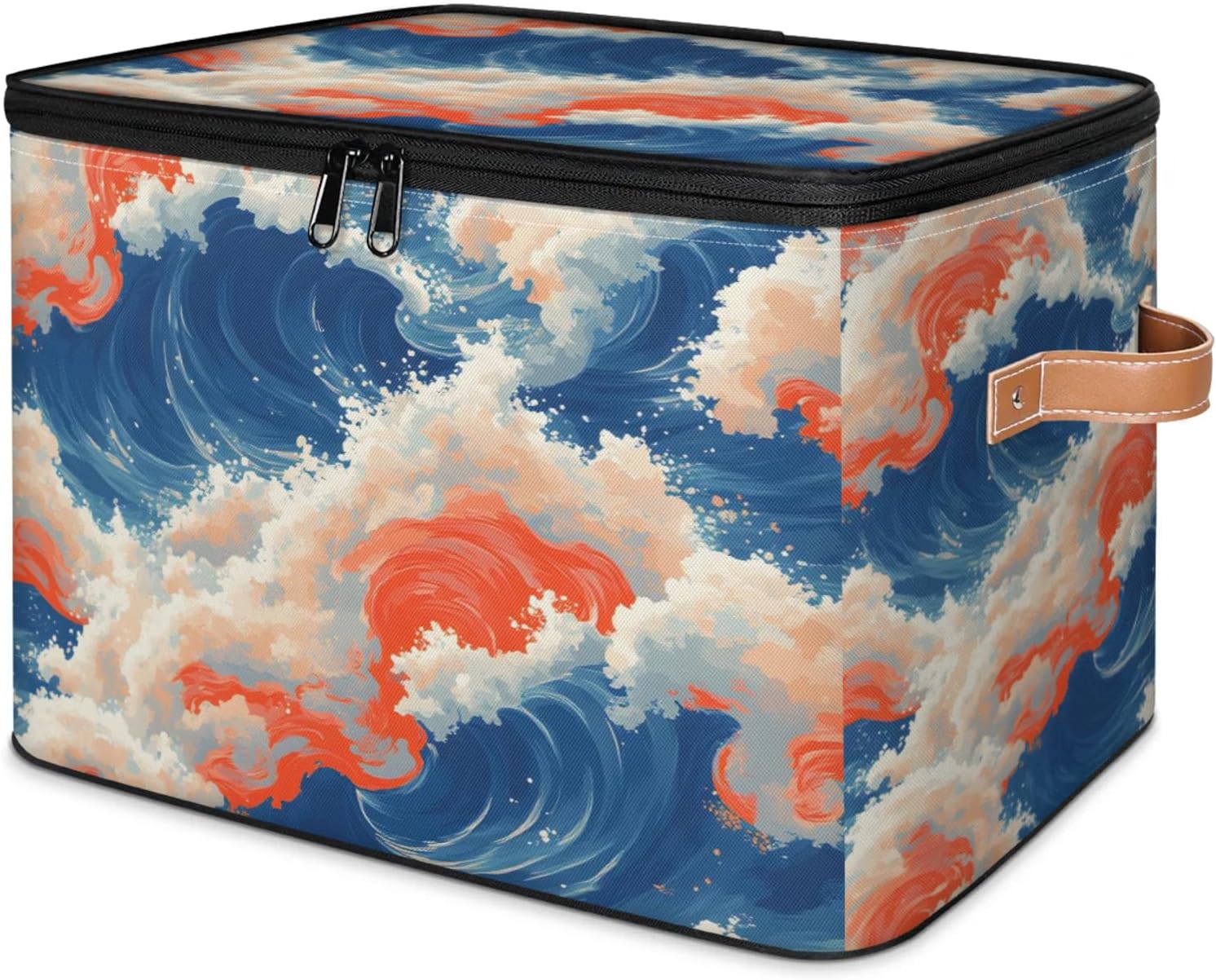 Ocean Wave Print Storage Box — Fabric Organizer Bin with Zipper Lid & Side Handles, Foldable Large Capacity