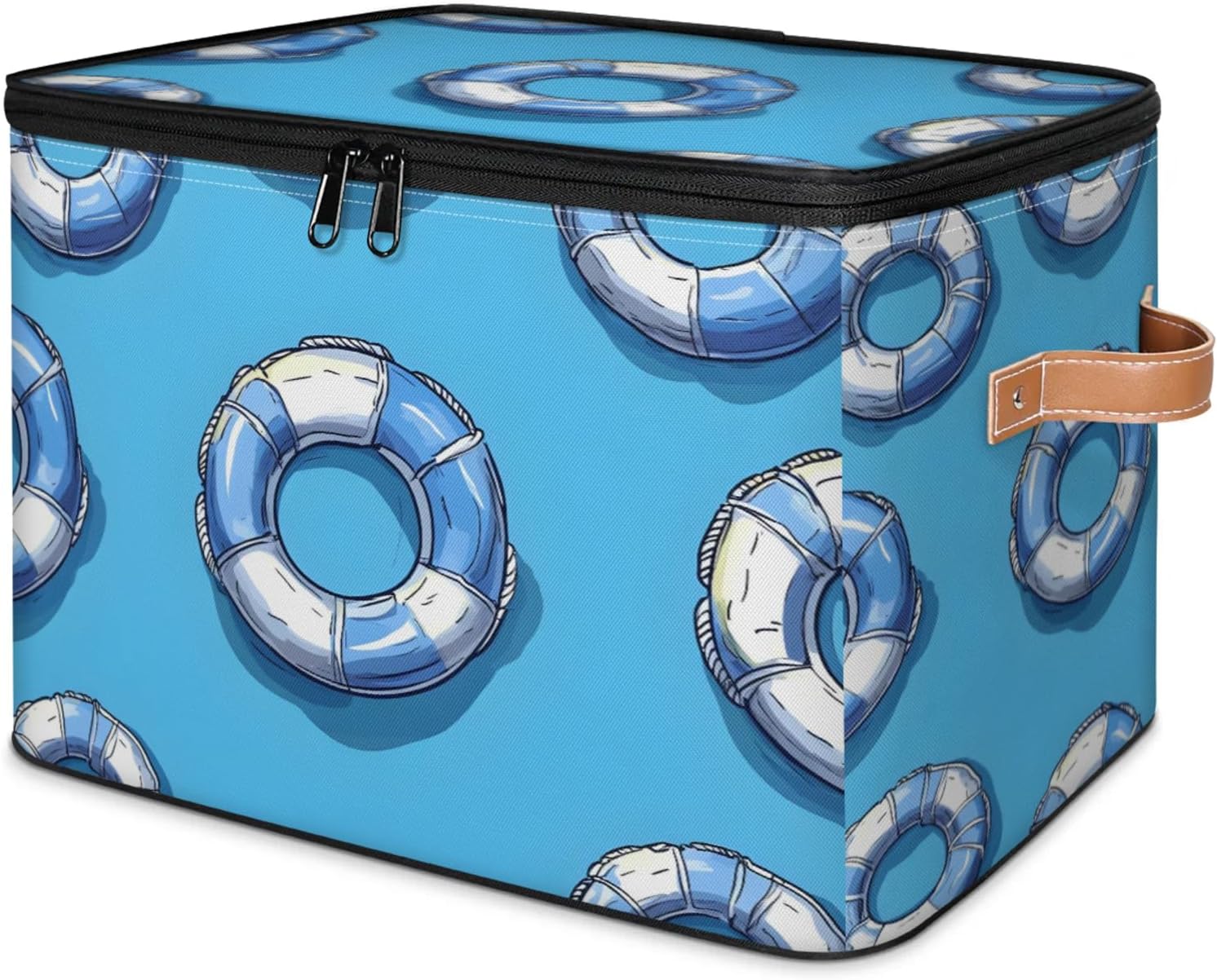 Blue Lifebuoy Storage Box | Foldable Fabric Organizer with Zipper Lid and Handles | Large Capacity Clothes, Toys, Towels, and Book Bin