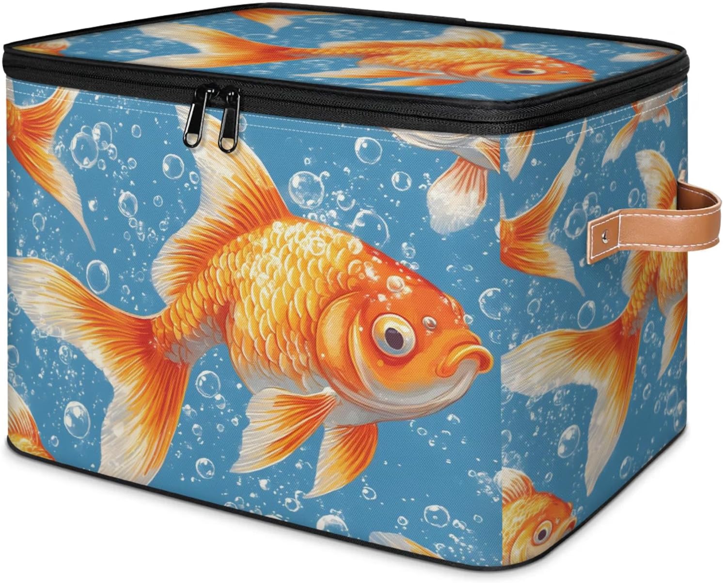 Goldfish Print Storage Box | Large Fabric Foldable Organizer Bin with Zipper Lid and Side Handles | Clothes, Toys, Towels, and Book Storage