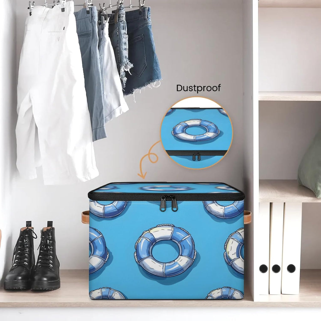 Blue Lifebuoy Storage Box | Foldable Fabric Organizer with Zipper Lid and Handles | Large Capacity Clothes, Toys, Towels, and Book Bin