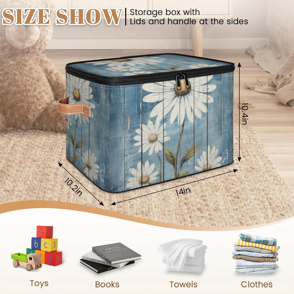 Daisy Pattern Storage Box | Multi-Purpose Organizer with Zipper Lid & Side Handles | Storage Bin for Toys, Books, Clothes