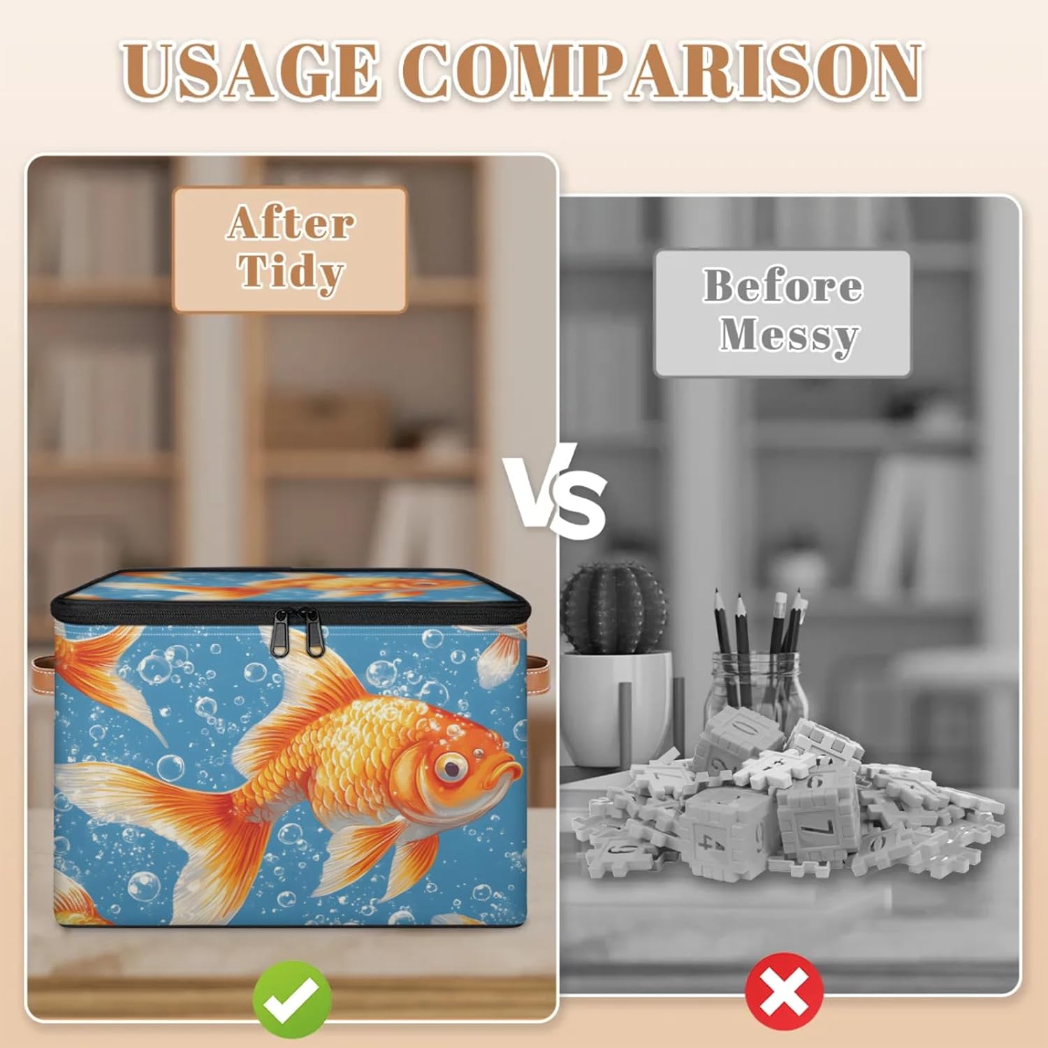 Goldfish Print Storage Box | Large Fabric Foldable Organizer Bin with Zipper Lid and Side Handles | Clothes, Toys, Towels, and Book Storage