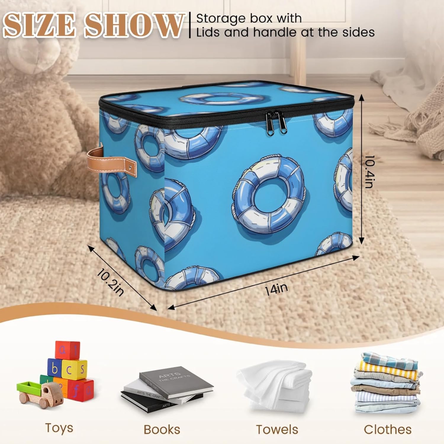 Blue Lifebuoy Storage Box | Foldable Fabric Organizer with Zipper Lid and Handles | Large Capacity Clothes, Toys, Towels, and Book Bin