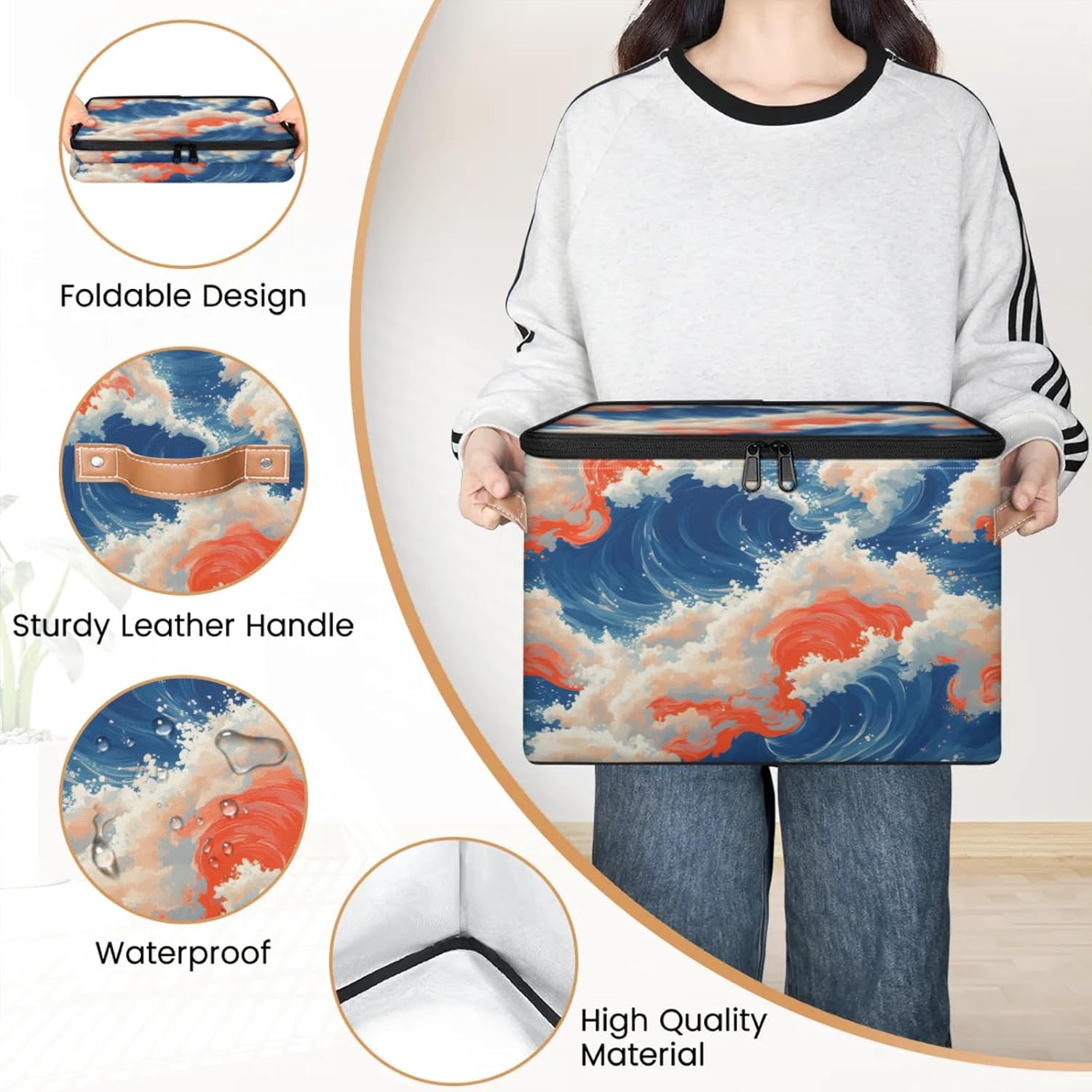 Ocean Wave Print Storage Box — Fabric Organizer Bin with Zipper Lid & Side Handles, Foldable Large Capacity