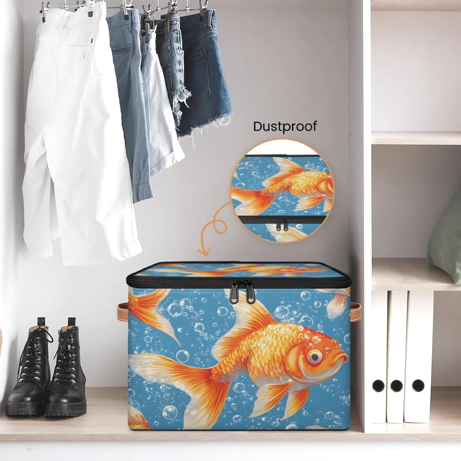 Goldfish Print Storage Box | Large Fabric Foldable Organizer Bin with Zipper Lid and Side Handles | Clothes, Toys, Towels, and Book Storage
