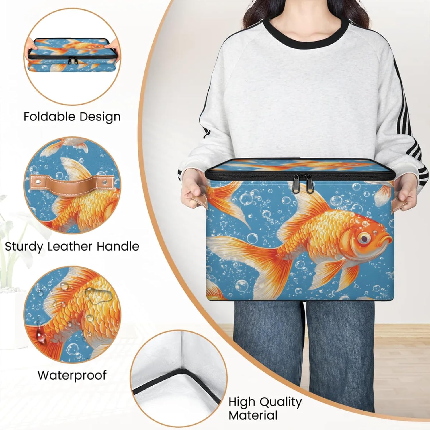 Goldfish Print Storage Box | Large Fabric Foldable Organizer Bin with Zipper Lid and Side Handles | Clothes, Toys, Towels, and Book Storage