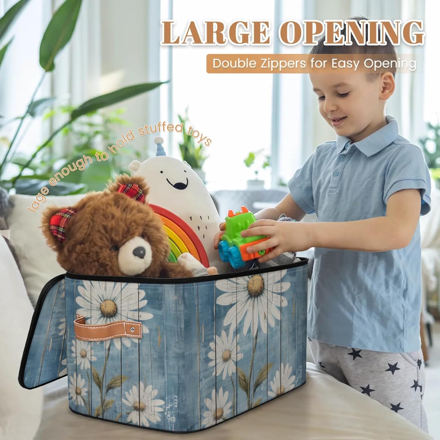 Daisy Pattern Storage Box | Multi-Purpose Organizer with Zipper Lid & Side Handles | Storage Bin for Toys, Books, Clothes