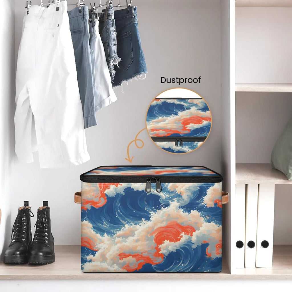 Ocean Wave Print Storage Box — Fabric Organizer Bin with Zipper Lid & Side Handles, Foldable Large Capacity