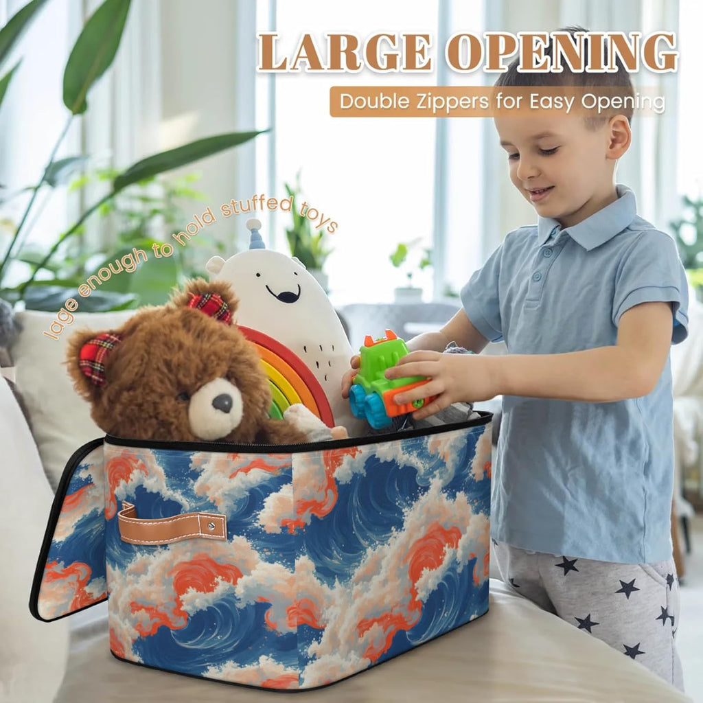 Ocean Wave Print Storage Box — Fabric Organizer Bin with Zipper Lid & Side Handles, Foldable Large Capacity