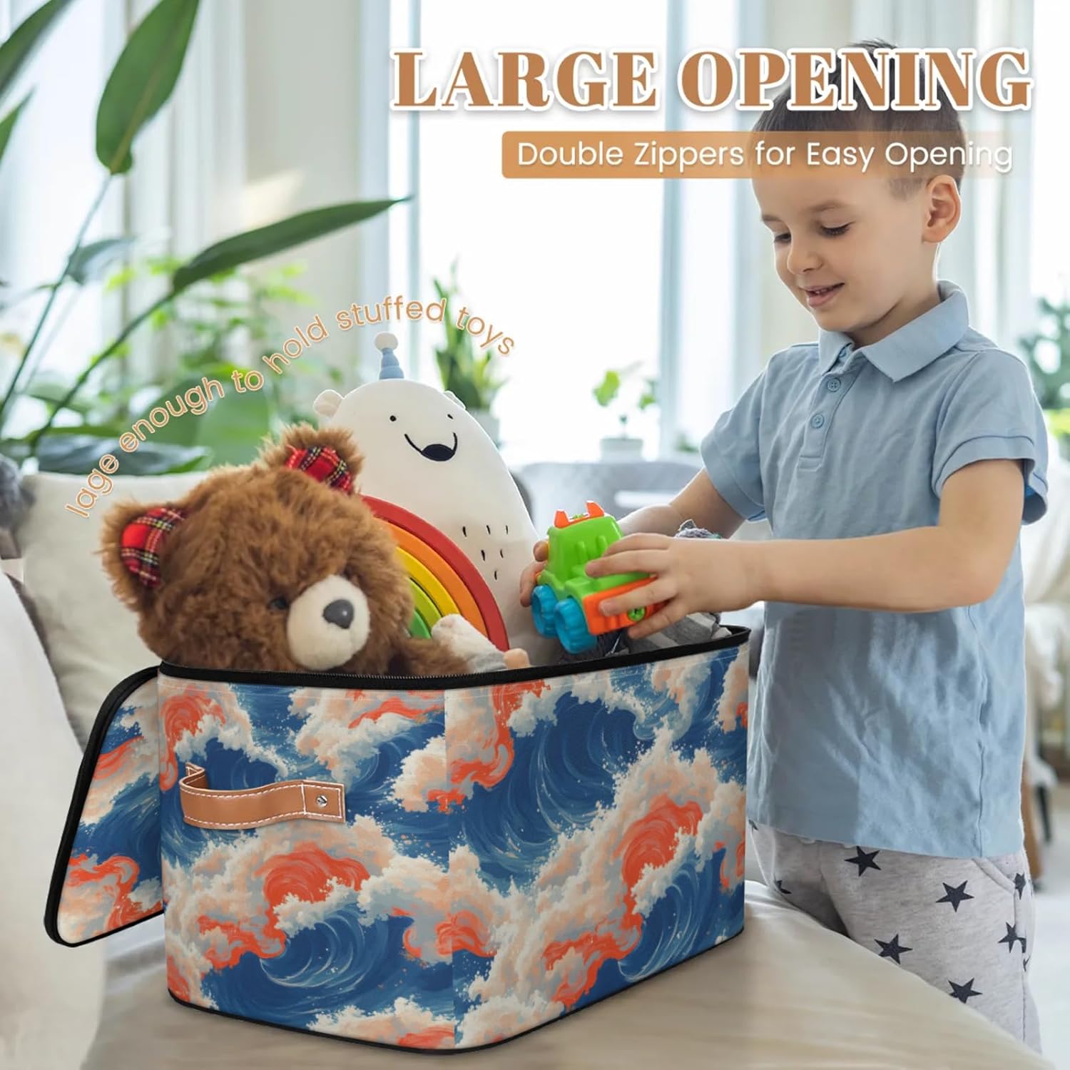 Ocean Wave Print Storage Box — Fabric Organizer Bin with Zipper Lid & Side Handles, Foldable Large Capacity