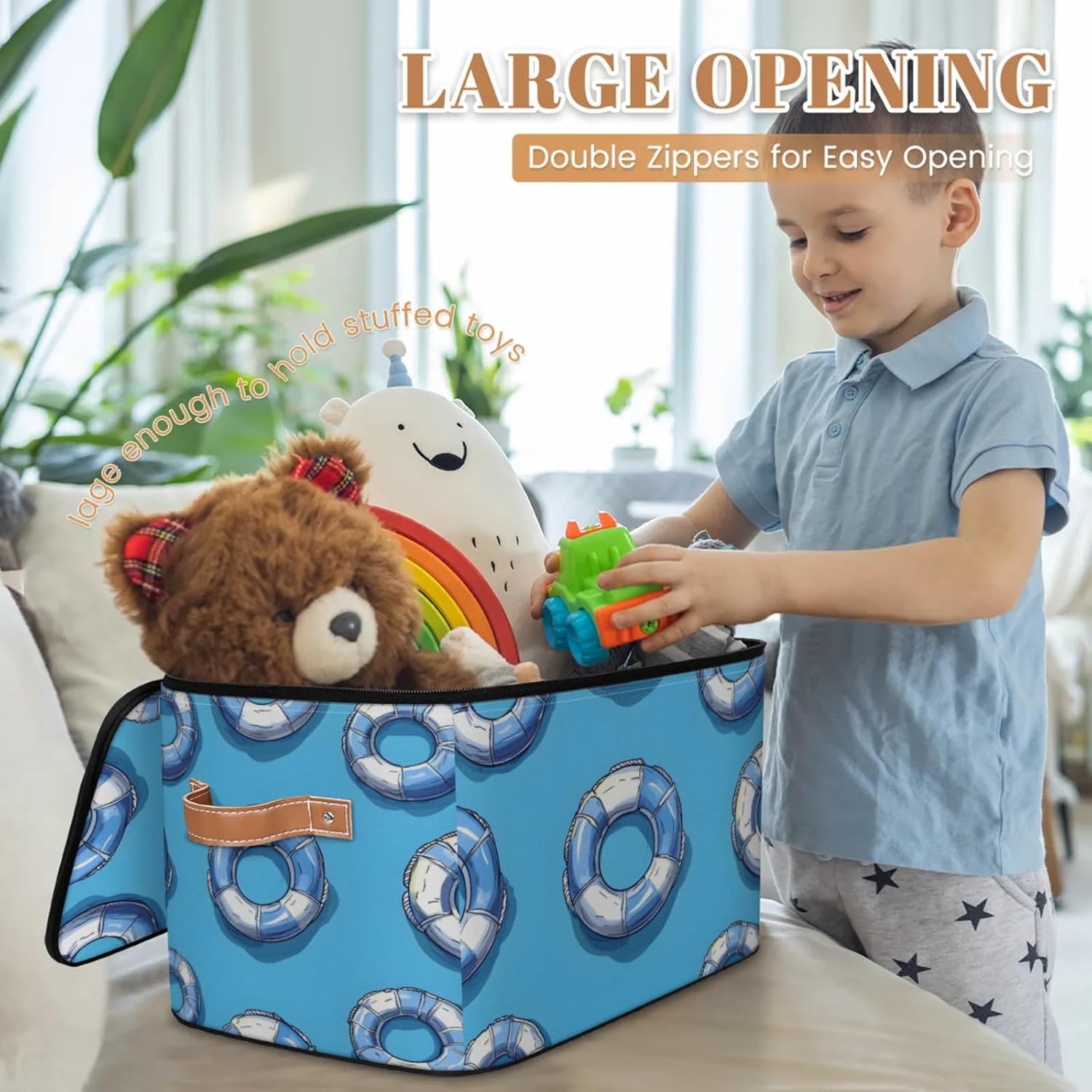 Blue Lifebuoy Storage Box | Foldable Fabric Organizer with Zipper Lid and Handles | Large Capacity Clothes, Toys, Towels, and Book Bin