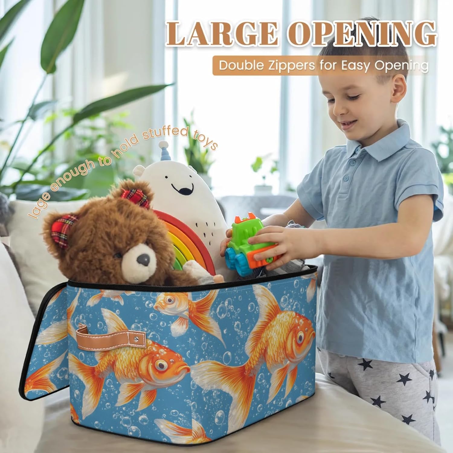Goldfish Print Storage Box | Large Fabric Foldable Organizer Bin with Zipper Lid and Side Handles | Clothes, Toys, Towels, and Book Storage