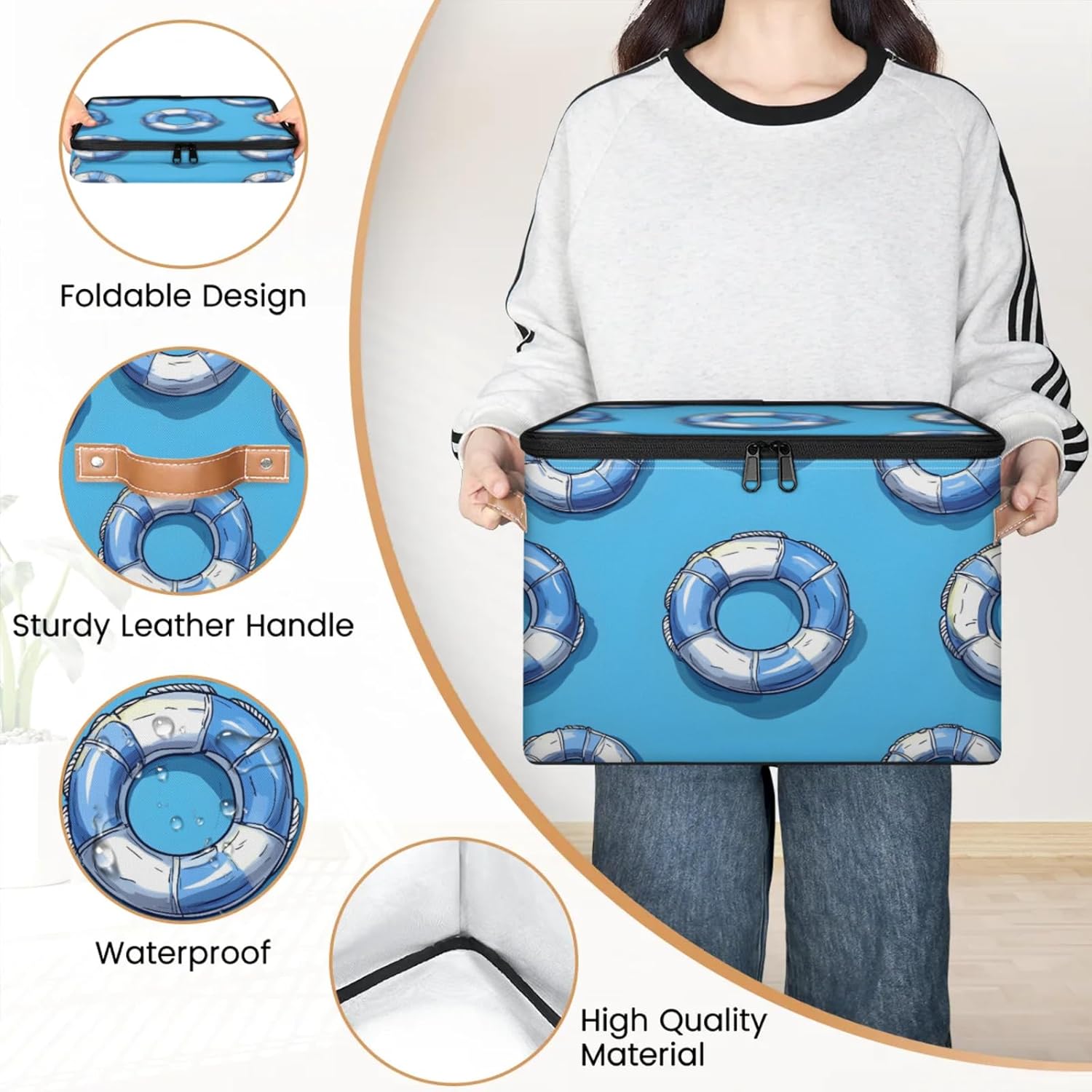 Blue Lifebuoy Storage Box | Foldable Fabric Organizer with Zipper Lid and Handles | Large Capacity Clothes, Toys, Towels, and Book Bin