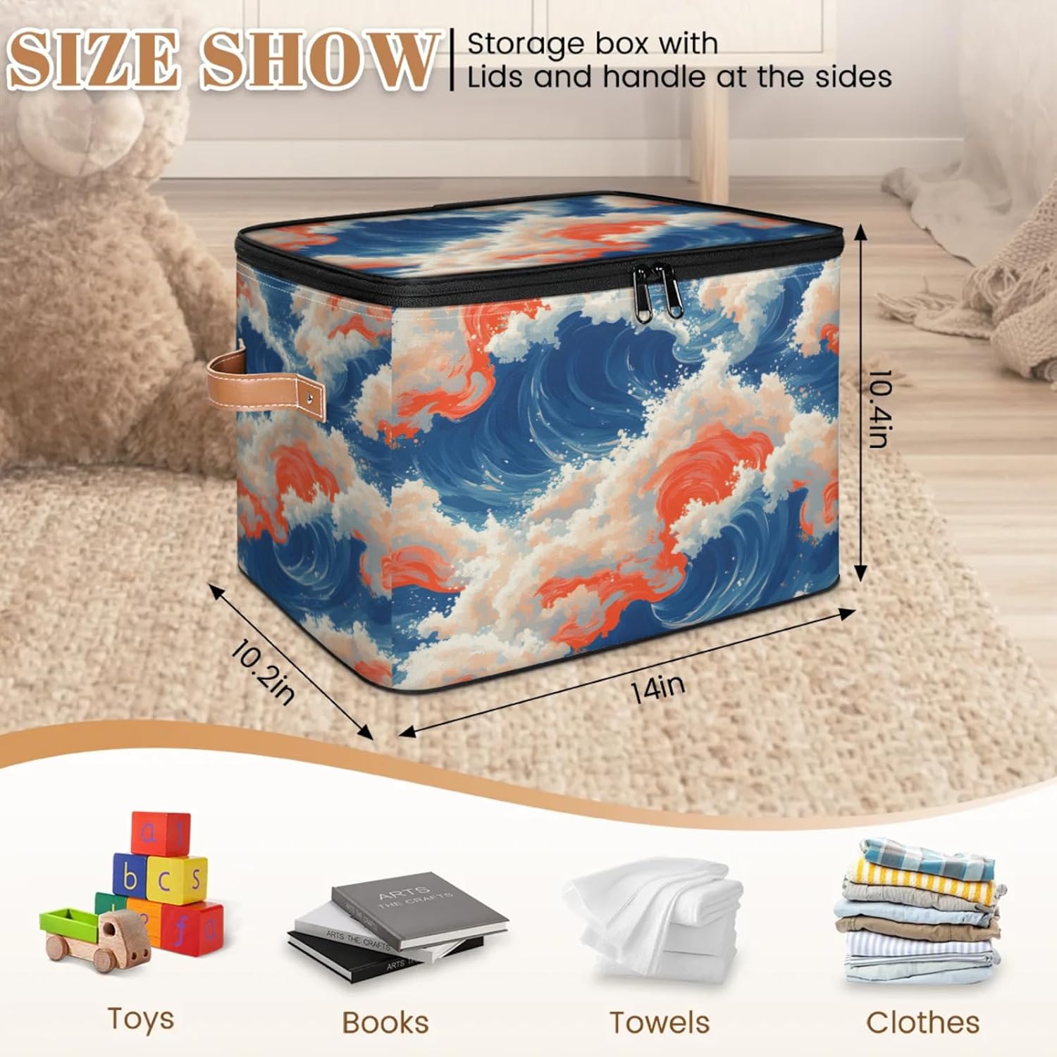 Ocean Wave Print Storage Box — Fabric Organizer Bin with Zipper Lid & Side Handles, Foldable Large Capacity