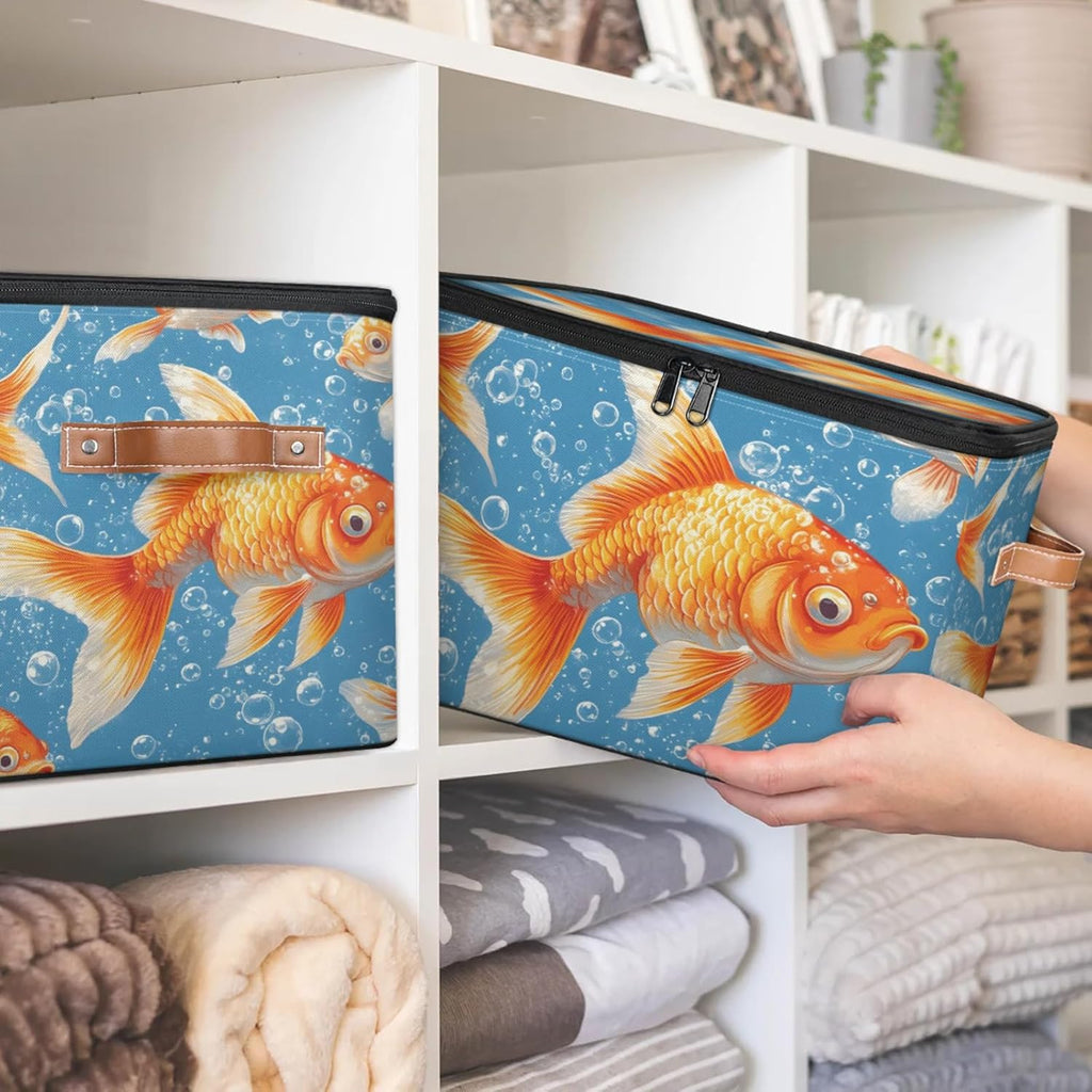 Goldfish Print Storage Box | Large Fabric Foldable Organizer Bin with Zipper Lid and Side Handles | Clothes, Toys, Towels, and Book Storage