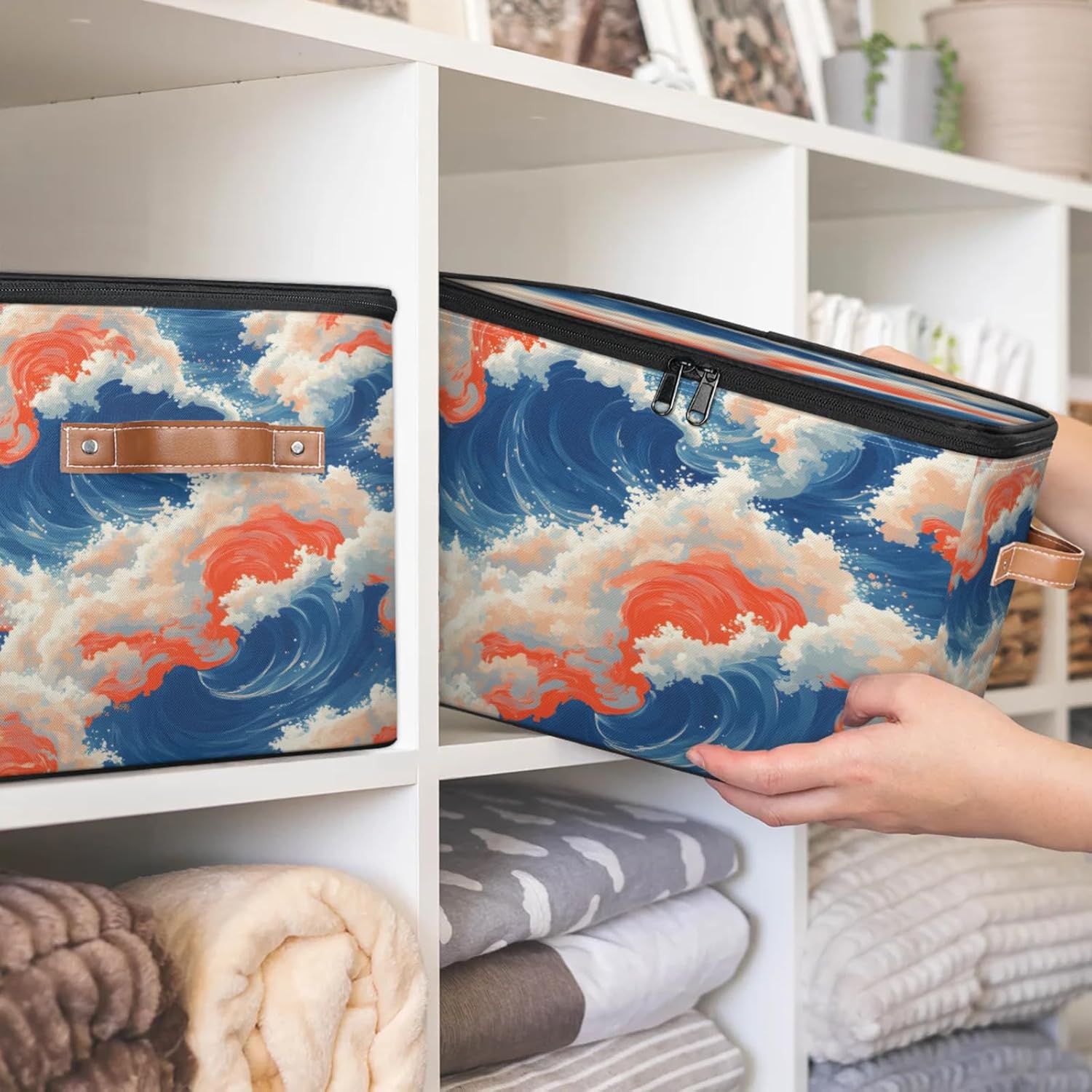 Ocean Wave Print Storage Box — Fabric Organizer Bin with Zipper Lid & Side Handles, Foldable Large Capacity