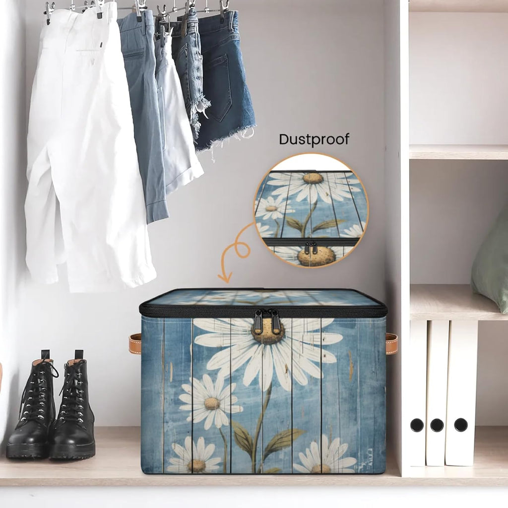 Daisy Pattern Storage Box | Multi-Purpose Organizer with Zipper Lid & Side Handles | Storage Bin for Toys, Books, Clothes