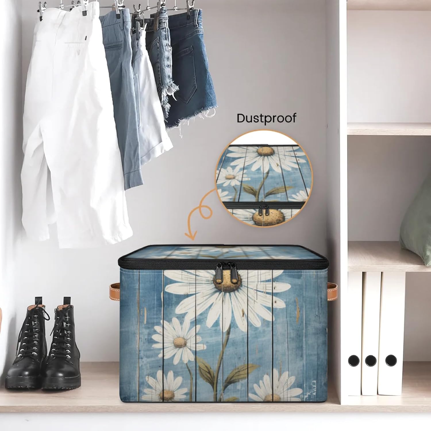 Daisy Pattern Storage Box | Multi-Purpose Organizer with Zipper Lid & Side Handles | Storage Bin for Toys, Books, Clothes