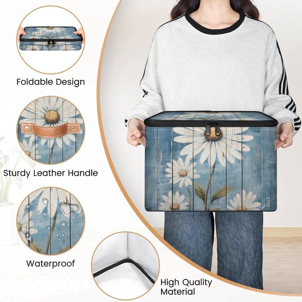 Daisy Pattern Storage Box | Multi-Purpose Organizer with Zipper Lid & Side Handles | Storage Bin for Toys, Books, Clothes