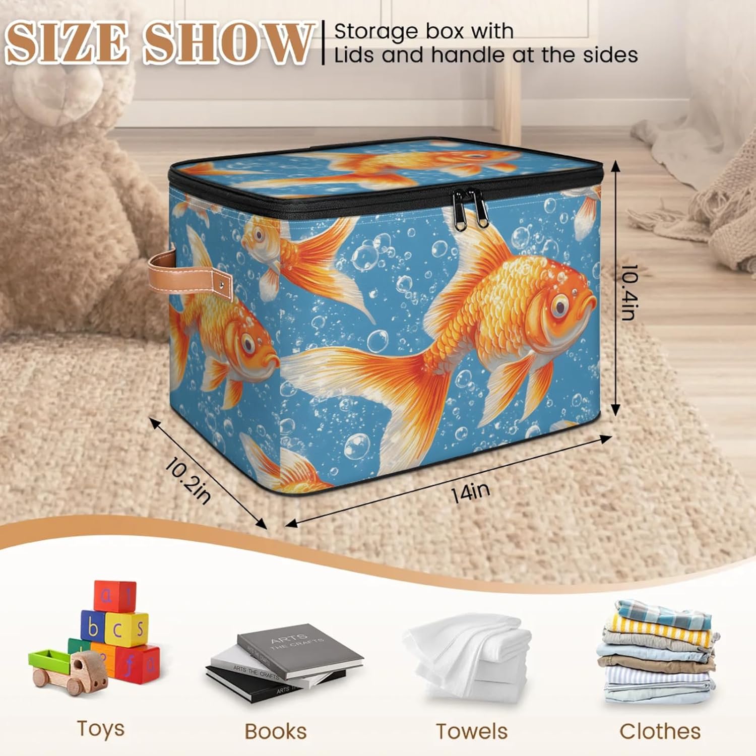 Goldfish Print Storage Box | Large Fabric Foldable Organizer Bin with Zipper Lid and Side Handles | Clothes, Toys, Towels, and Book Storage